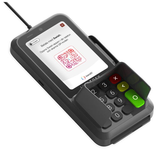 An image that shows the C20 Payment terminal on a flat surface showing a Swish payment screen.